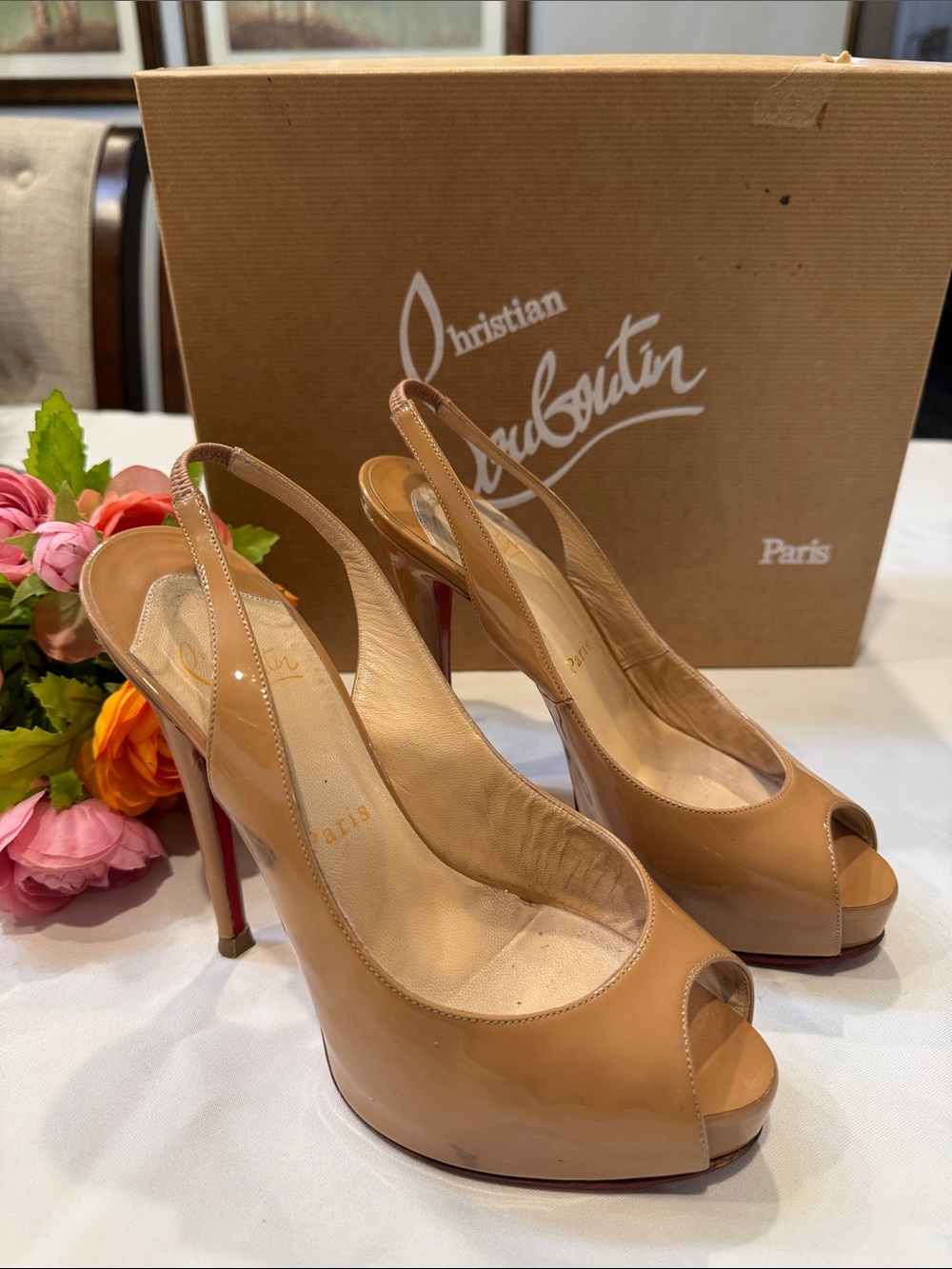 Authentic Christian Louboutin Nude Patent Leather Peep-Toe Slingbacks
